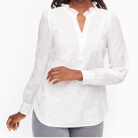 Talbots Metallic Swiss Dots Ruffle Collar Tunic Top Long Sleeve White Silver XL - Picture 1 of 12